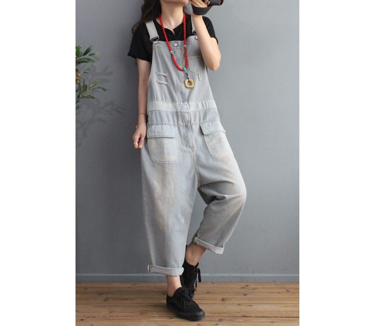 Womens Loose Fitting Casual Stripes Cotton Overalls With Etsy