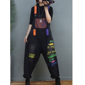 Womens Loose Fitting Letters Printed Patchwork Denim Cotton Overalls With Pockets / Casual Overalls / Loose Overalls / Overalls For Women