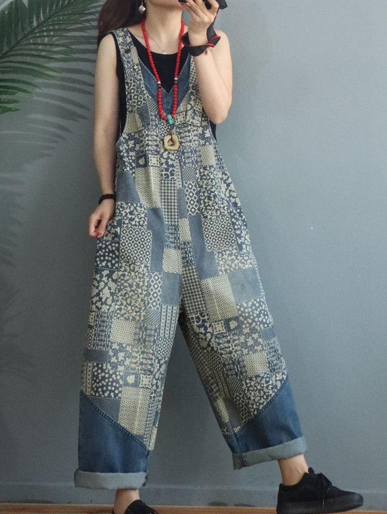 Womens Loose Fitting Printed Floral V Neck Cotton Jumpsuit Overalls With Pockets Casual Jumpsuit Casual Overalls Overalls For Women