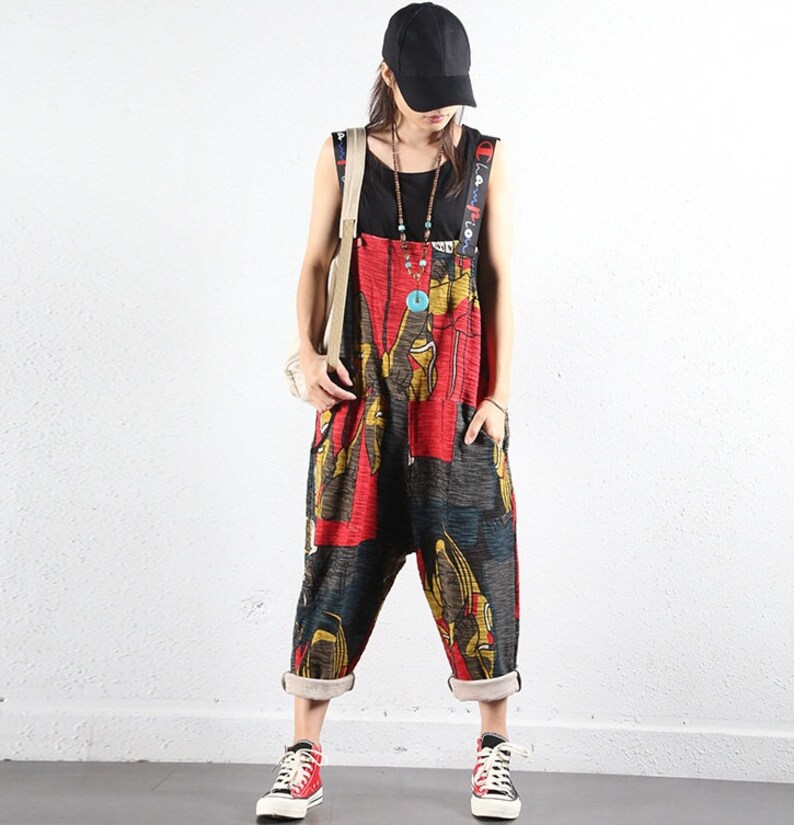 Womens Loose Fitting Printed Floral Overalls With Pockets Casual Overalls Loose Pants Harem Pants Summer Pants Overalls For Women