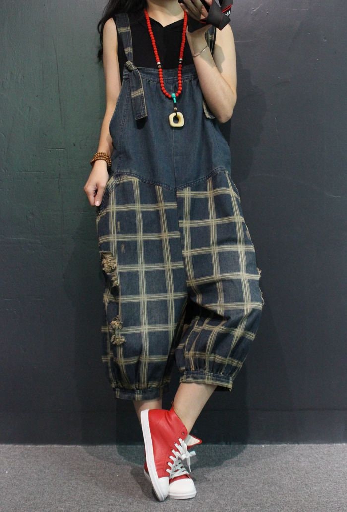 Womens Loose Fitting Retro Plaid Patchwork Denim Overalls With | Etsy