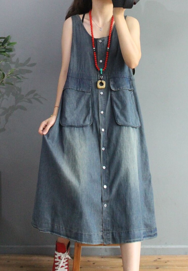 Womens Loose Fitting Sleeveless Denim Cotton Dress With Big - Etsy