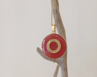 Contemporary necklace - necklace with red concrete medallion, stainless steel gold chain