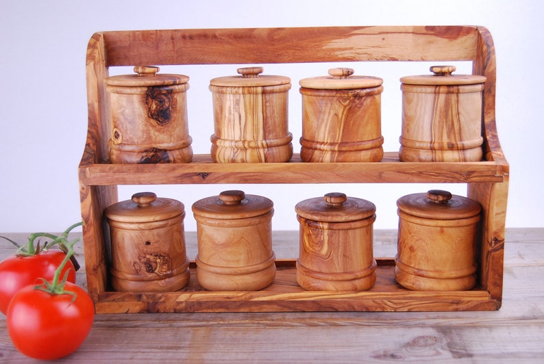 Olive Wood Spice Rack With 8 Cannisters image 2