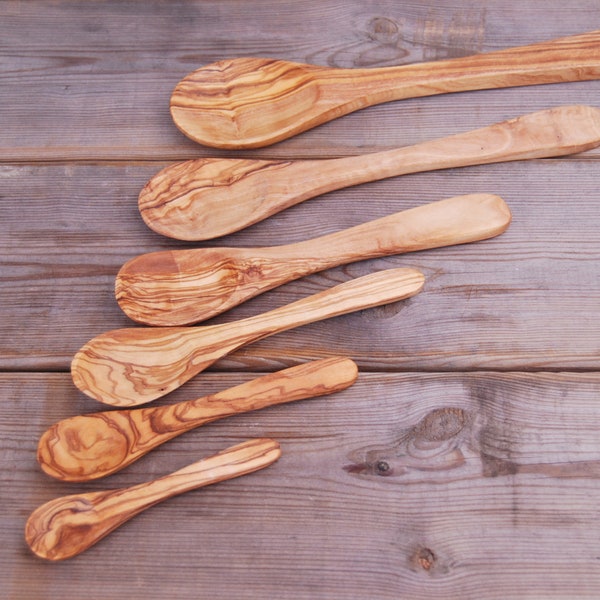 Olive wood, MIX of 6 SPOONS: tablespoon, children