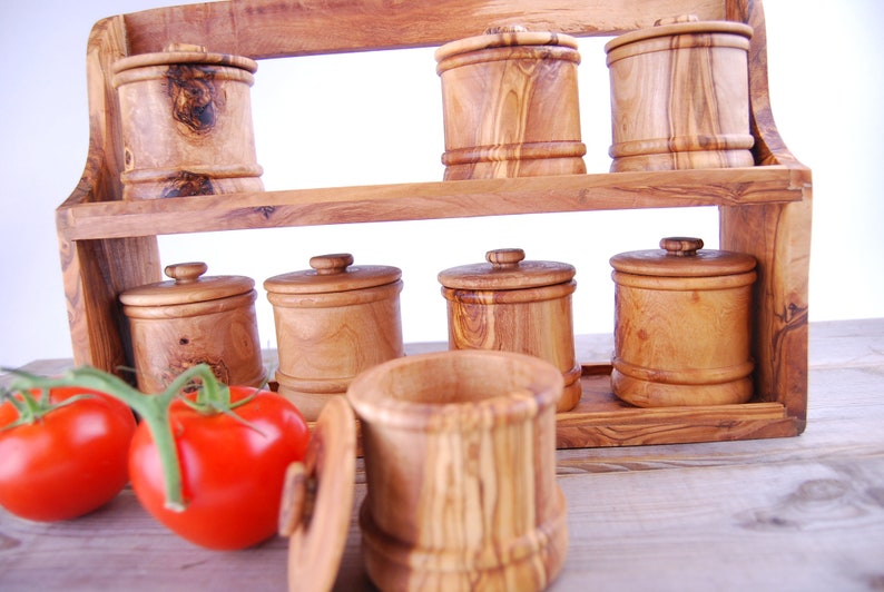 Olive Wood Spice Rack With 8 Cannisters image 1