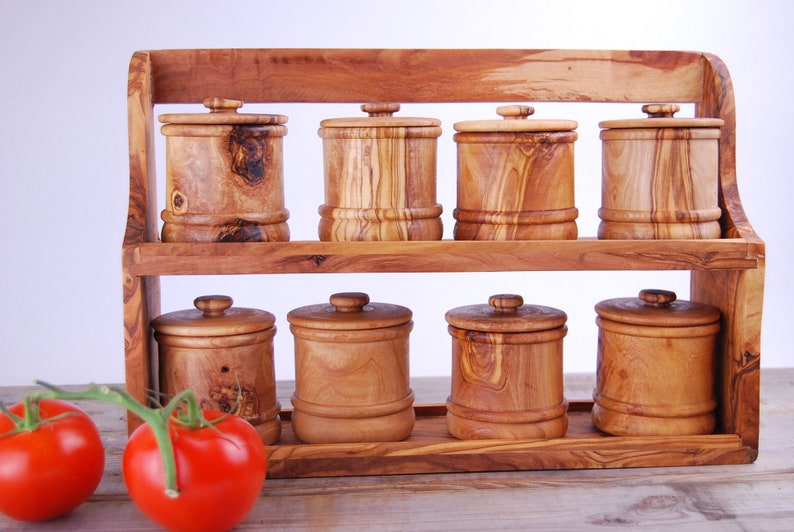 Olive Wood Spice Rack With 8 Cannisters image 3