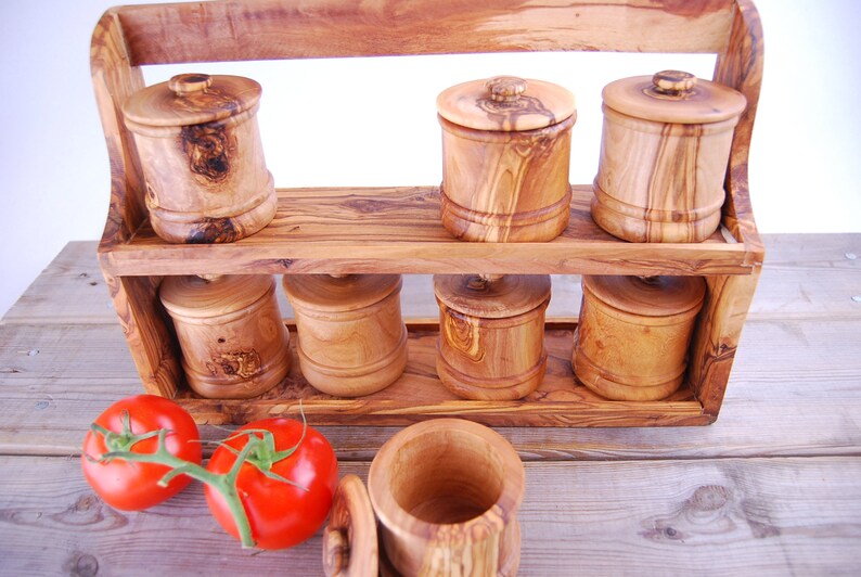 Olive Wood Spice Rack With 8 Cannisters image 4