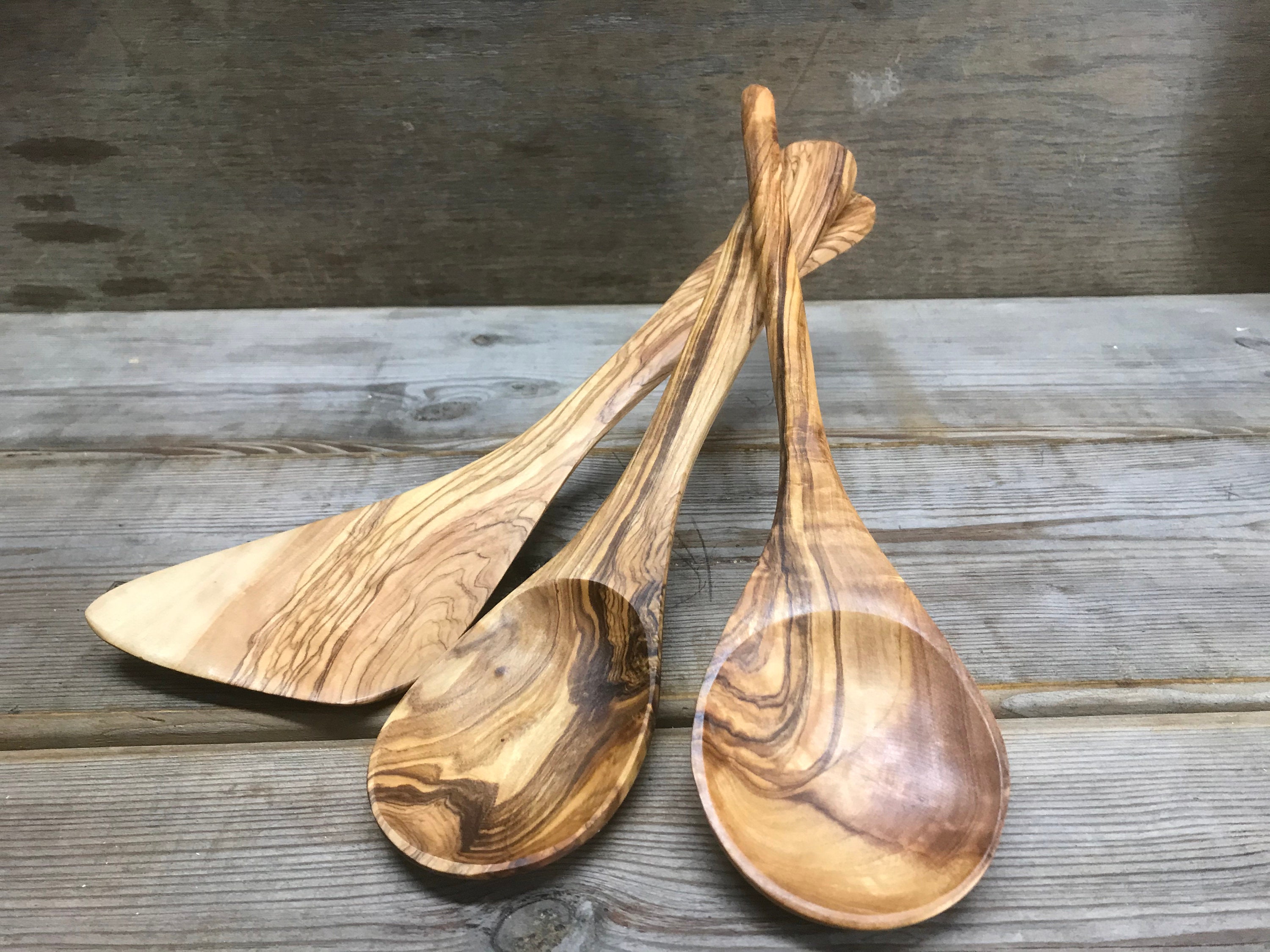 3-Piece Olive Wood Kitchen Utensil Set – Wooden Cooking Spoon & Spatula, Natural & Handmade Feel