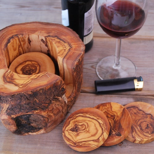 Drink Coasters Set Olive Wood 6 Coasters & Stand Etsy