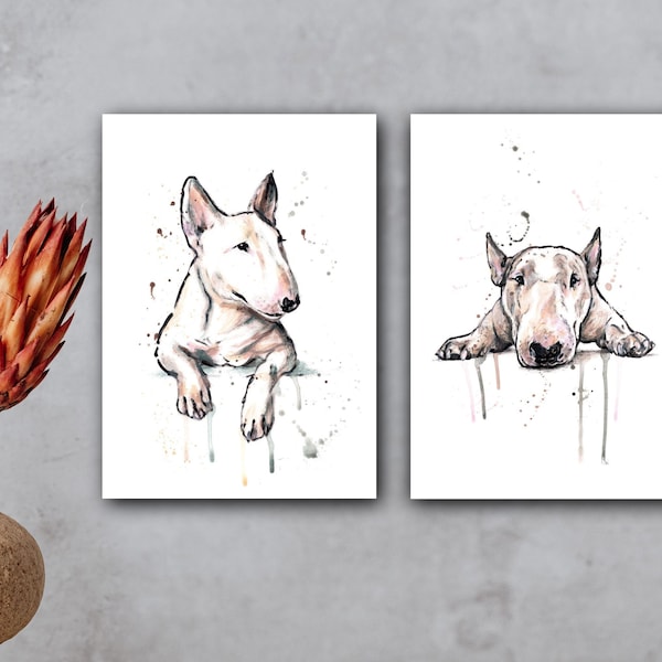 2er Set BULLTERRIER Print Kunst Druck Poster vom handgemalten AQUARELL, Bull Terrier Bilder Duo Pendants Hundebilder Geschenk Deko Zeichnung