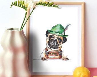 Austrian PUG picture art print of my original watercolor artwork | funny pug drawing image picture poster as gift for pug lovers