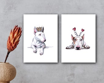 Set of 2 BULL TERRIER art print poster from watercolor, bull terrier pictures duo counterparts drawing gift animal pictures dog children's room