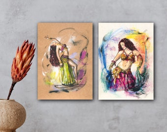 Set of 2 TRIBAL DANCER Art Prints Belly Dance Drawing Picture Poster oriental. Dance wall decoration wall picture gift dancer company