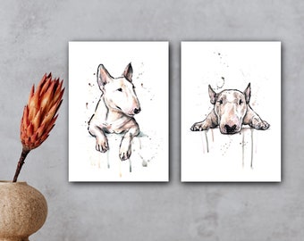 Set of 2 BULL TERRIER art prints from my watercolor / acrylic painting, originally animal picture drawing image poster gift decor summer
