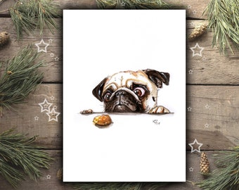 PUG with COOKIE art print, pug poster, pug christmas gift, pug watercolour, pug dog decor, pug image, pug owner gift, pug love