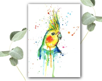 COCKATIEL PRINT of my watercolor,  colorful cockatiel bird poster painting childrens room, cockatiel friends gift + memory