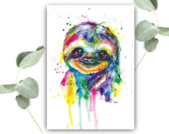 SLOTH picture art print from handpainted watercolor | sloth drawing wild animal poster nursery painting gift wall mural deco jungle