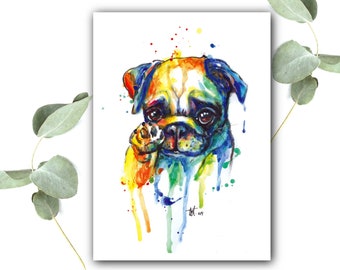 PUG art print, pug watercolor drawing, pug decoration colorful dog poster gift for pug lovers modern animal picture