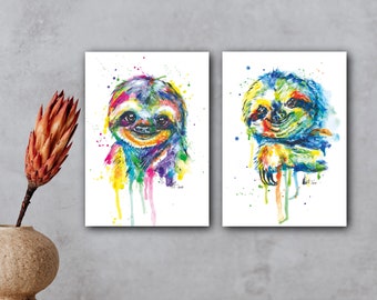 Set of 2 SLOTH art prints from handpainted watercolor | sloth drawing duo wild animal poster nursery painting gift wall mural deco jungle