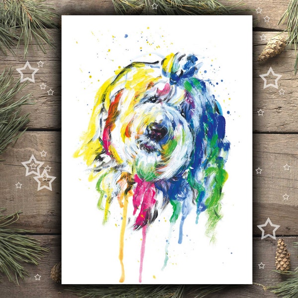 BOBTAIL Old English Sheepdog Bild als Druck, Old English Sheepdog Geschenk Weihnachten, Art Print Poster Zeichnung Aquarell Deko Erinnerung