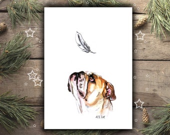 English bulldog with feather ART PRINT, English Bulldog Christmas gift, funny bully poster, bully artwork