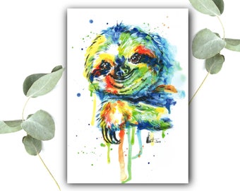 SLOTH picture art print from handpainted watercolor | sloth drawing wild animal poster nursery painting gift wall mural deco jungle