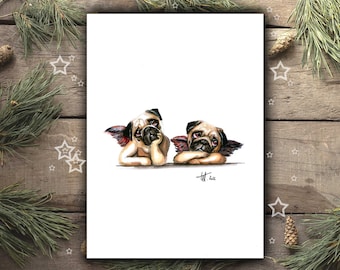 PUG CHRISTMAS Angel art print, pug christmas gift, pug watercolor poster, pug decor, colorful dog poster