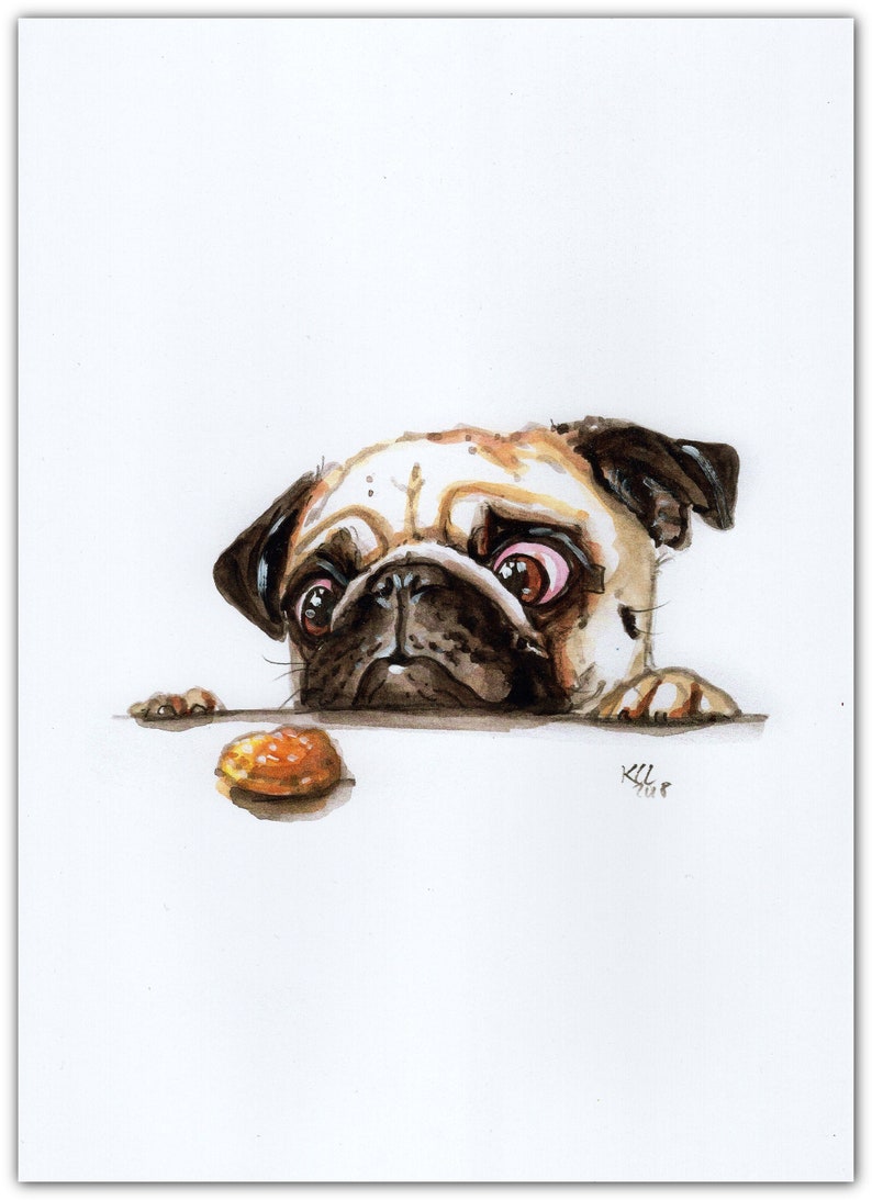 PUG with cookie print of my original artwork colorfull bully portrait pet portray dog painting art picture humourous cute