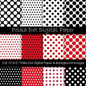 Papel digital con lunares rojos y negros - Fondos con lunares rojos - Patrones con lunares rojos, blancos y negros - Uso comercial - JPG de 300 ppp