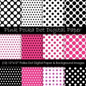 May include: Twelve 12-inch by 12-inch digital paper designs featuring pink and black polka dots on white and black backgrounds.  Pink Polka Dot Digital Paper & Background Images.