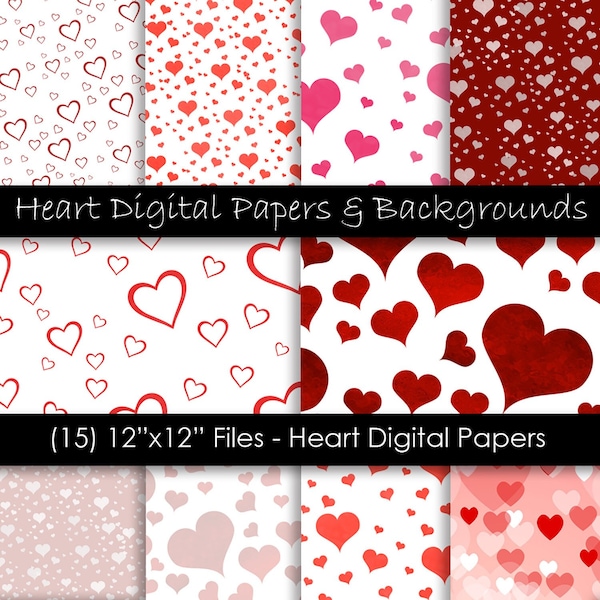 Red Heart Digital Papers - Valentine's Day Digital Backgrounds - Red Heart Patterns - Commercial Use - 300 dpi JPG/PNG