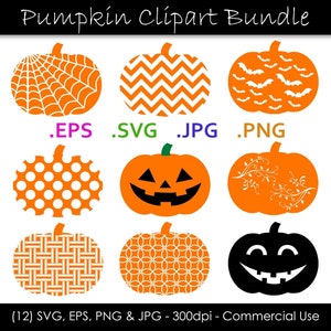 May include: Set of 12 orange pumpkin clip art images with various white patterns, including a spiderweb, chevron, bats, polka dots, a jack-o'-lantern face, floral vines, a woven pattern, and a circle pattern. The text '.EPS .SVG .JPG .PNG' and '(12) SVG, EPS, PNG & JPG - 300dpi - Commercial Use' is also included.