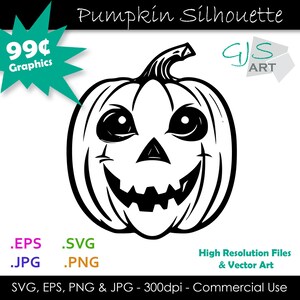 May include: Black and white silhouette of a grinning pumpkin with a carved face. The image is labeled "Pumpkin Silhouette" and "GUS ART".