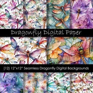 May include: Twelve 12x12 inch seamless digital paper backgrounds featuring watercolor illustrations of colorful dragonflies. The backgrounds are perfect for scrapbooking, card making, and other craft projects.