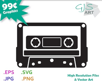 May include: Black and white silhouette of a cassette tape. The image includes the text "Cassette Tape Silhouette" and "US ART".