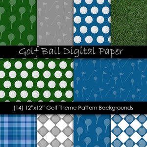 Papel digital imprimible con temática de golf, fondos para amantes del golf, patrones con temática de golf en azul, verde y gris, papel para álbum de recortes digital con temática de golf