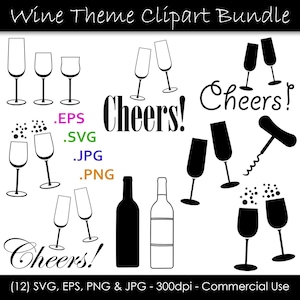 Verre à vin SVG Bundle - Clipart célébration champagne - vin et champagne toast coupe fichiers svg, eps, png, jpg - 300dpi - usage Commercial