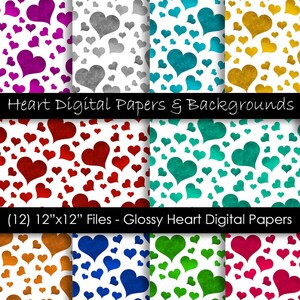 Sfondi digitali a forma di cuore per San Valentino - Carta digitale con motivo a cuore colorato lucido - Uso commerciale - File JPG a 300 dpi