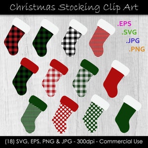 May include: Set of 18 Christmas stocking clip art images in various patterns, including plaid, stripes, polka dots, and buffalo check. The stockings are red, green, white, and black.