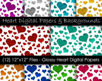 Valentine's Day Heart Digital Backgrounds - Glossy Color Heart Pattern Digital Paper - Commercial Use - 300 dpi JPG Files