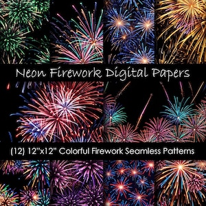 Puede incluir: Doce diseños de papel digital de 30,5 cm x 30,5 cm con patrones de fuegos artificiales coloridos. Los patrones son sin costuras y se pueden usar para scrapbooking, creación de tarjetas y otros proyectos de manualidades.