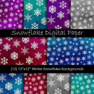 Distressed Snowflake Digital Paper Winter Scrapbook Paper and Snow Junk Journal Pages - Multiple Vibrant Colors For Commercial Use