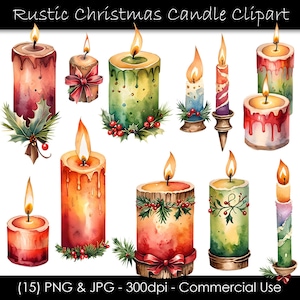 Rustic Christmas Candle Clipart PNG & JPG | Vintage Watercolor Holiday Candles and Festive Winter Graphics | For Commercial Use