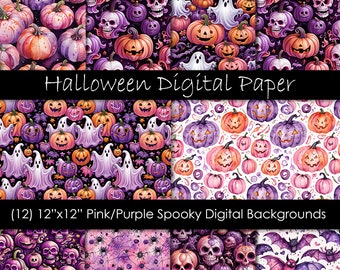 Pink and Purple Halloween Digital Paper Pack | 12"x12" Cute Spooky Backgrounds | Ghosts Pumpkins & Skulls | Pastel Halloween Printables