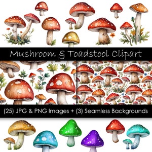 Bundle de cliparts champignon - clipart champignon vénéneux - champignons multicolores jpg et png - arrière-plans champignon sans couture 300 dpi - usage Commercial