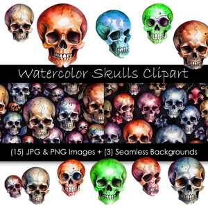 Skull Clipart Bundle - Horror Skulls Digital Image Files - Seamless Skull Backgrounds -  jpg & png 300dpi - Commercial Use