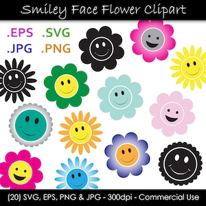 Smiley Face Flower SVG Bundle - Retro Smiley Face Clip Art - Smile Face Cut Files svg, eps, png, jpg - 300dpi - Commercial Use