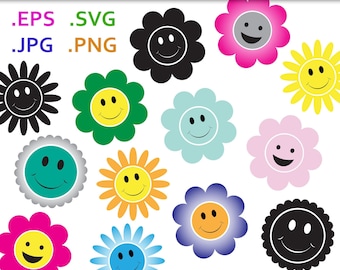Smiley Face Flower SVG Bundle - Retro Smiley Face Clip Art - Smile Face Cut Files svg, eps, png, jpg - 300dpi - Commercial Use