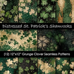 St. Patrick&#39;s Day Musterdesigns Distressed Shamrock Digitales Papier - Grüner irischer Klee Hintergrund Textur Grafiken für den kommerziellen Gebrauch